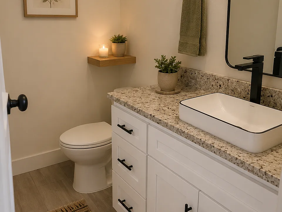 Downstairs powder bathroom. 

Images are rendered with AI to show potential layout and staging.