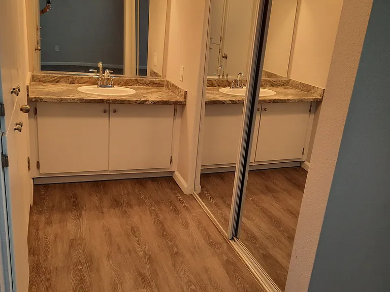 Vanity area unit 57.
All vanity areas look like this but some may have the grey wood-like vinyl planks with a vanity light that is more modern.