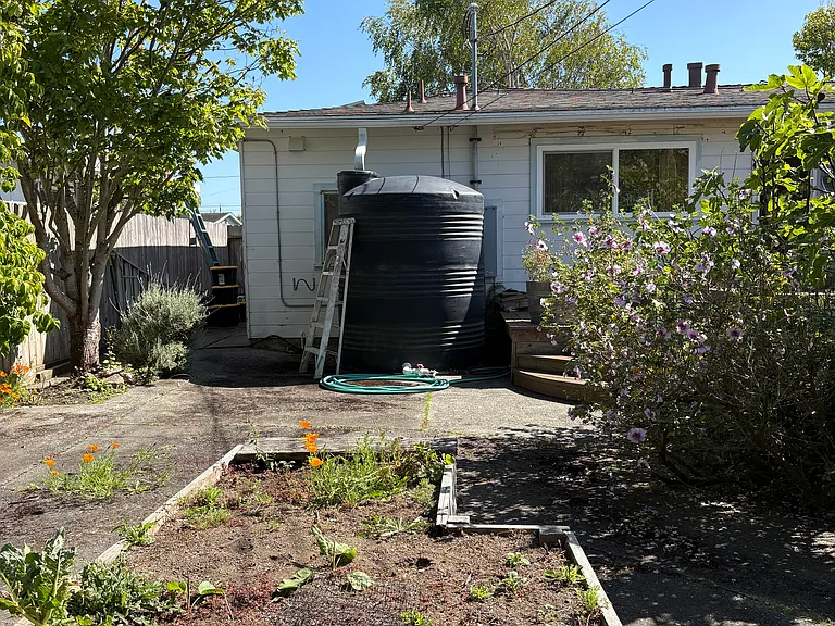 Backyard raised beds for growing veggies and flowers, rooftop water collection tank for watering garden