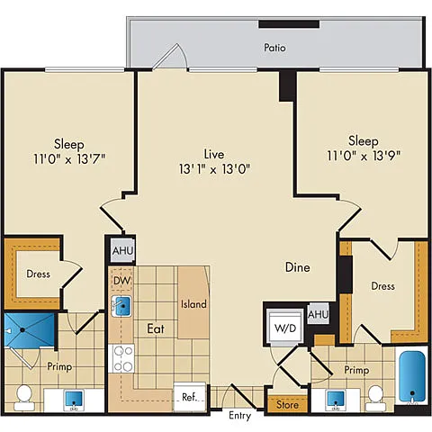 Floor plan 2 Bed 2 Bath-B1b