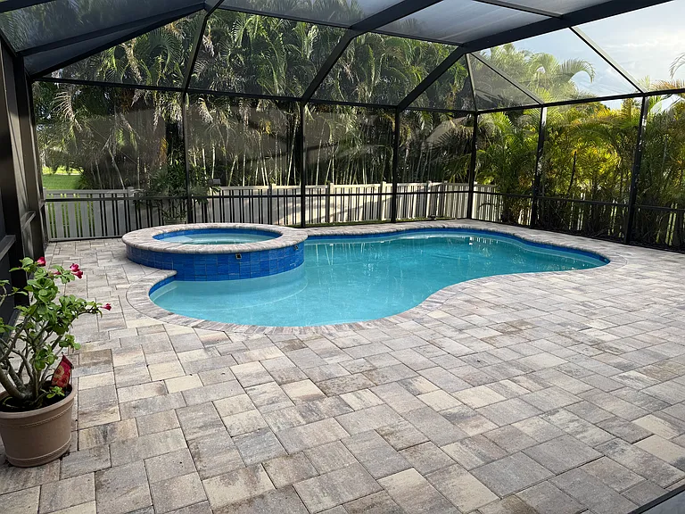 Pool with Hot tub also showing privacy from palms on sides and back