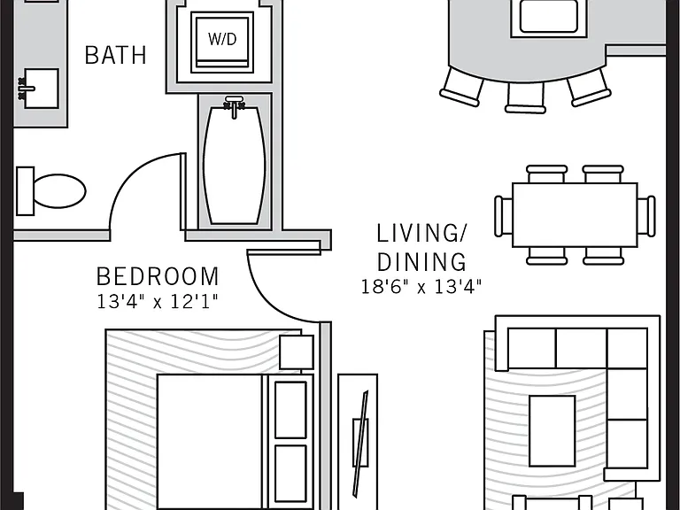 1 bedroom 1 bath apartment with dining area, patio, walk in closet and 801 sq ft