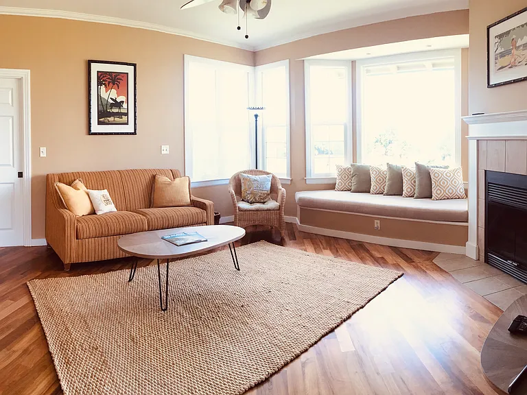 Living room. Door to the left of sofa leads to the laundry area, shower and backdoor entryway. There is also a 1/2 bath to the left of the main door. (not pictured)