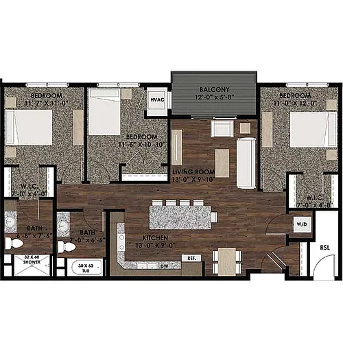 Floor plan Three Bedroom/Two Bath