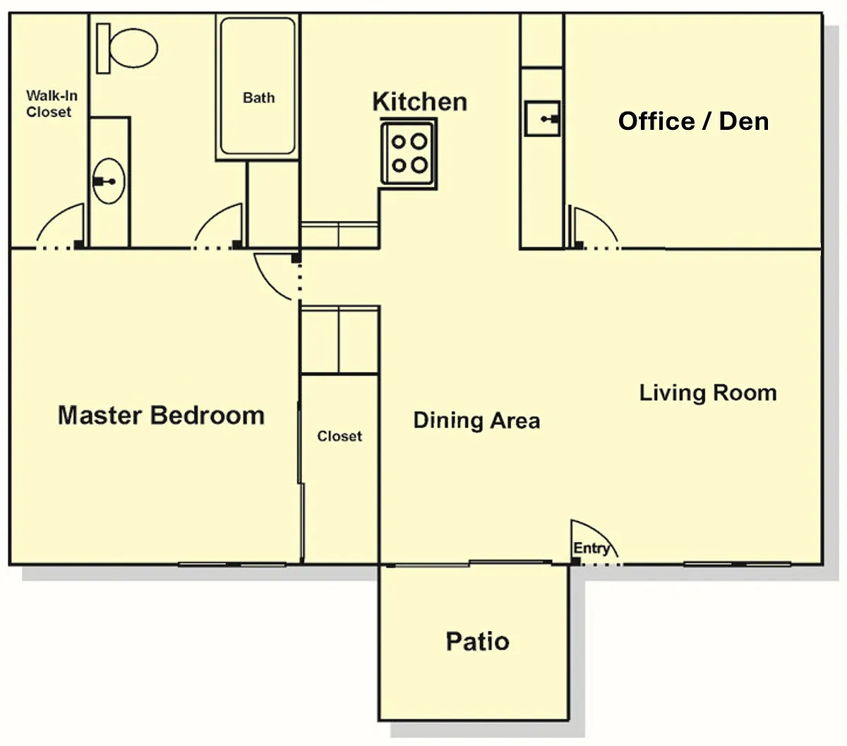 Floor plan 1 Bedroom, 1 Bath w/ Balcony PLUS Office/Den