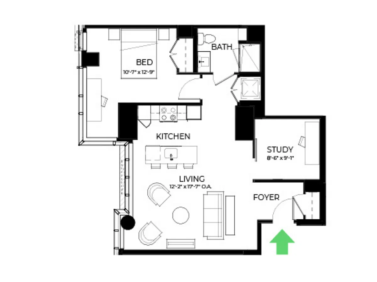 Floor plan AD15 | 1 Bed | 1 Bath | Den