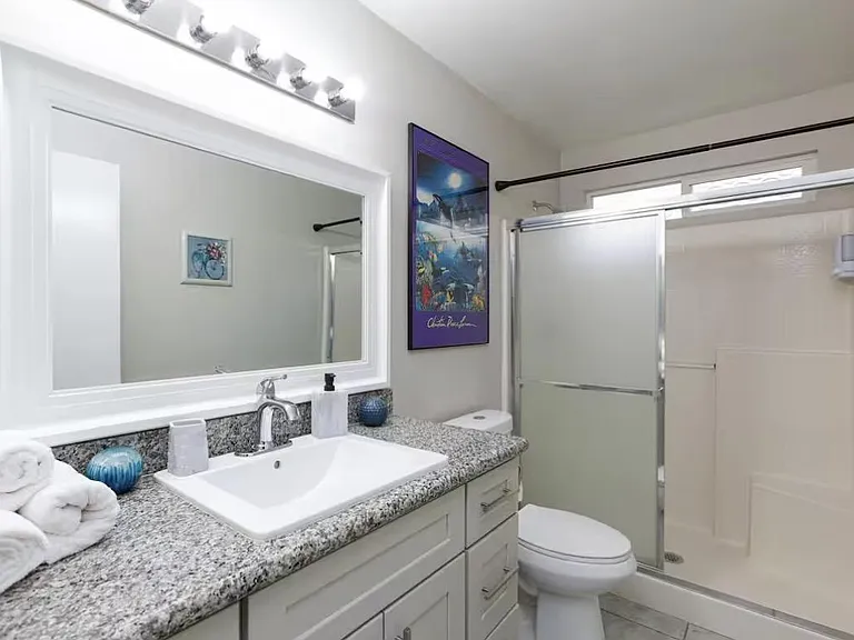 Updated bathroom with granite-top vanity, large framed mirror, and a sliding-door tub/shower combo for easy daily use.