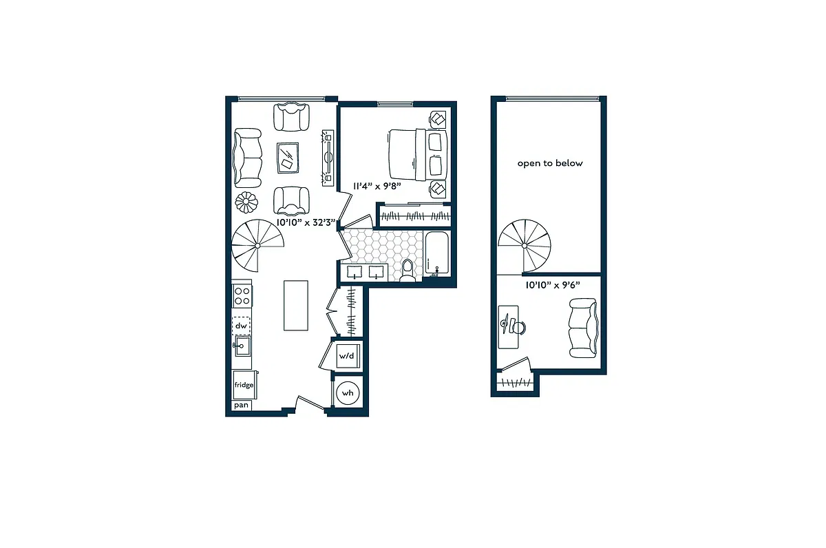 Floor plan One Bedroom One Bath Loft (768 SF)