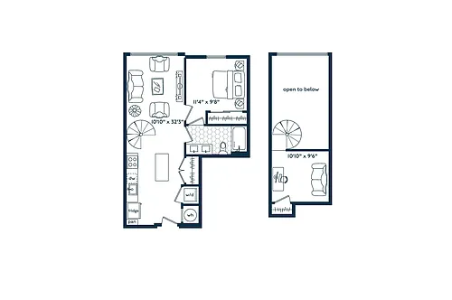 Floor plan One Bedroom One Bath Loft (768 SF)