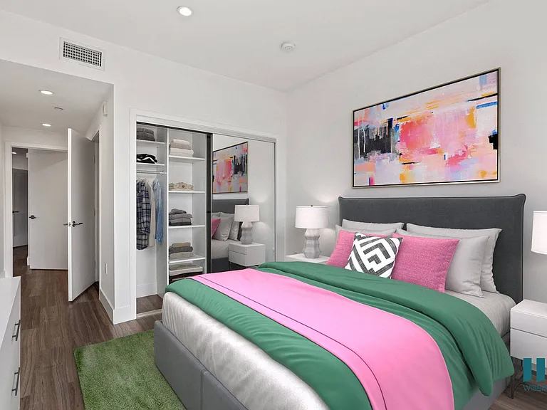 Bedroom with Mirrored Closet with Shelving