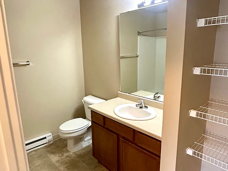 Bathroom with storage shelves