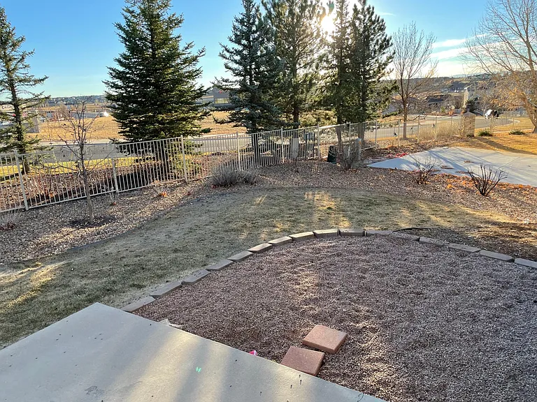 Backyard and pea-gravel patio