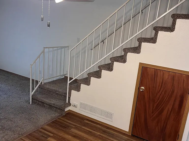 Stairs up to the second level and storage closet door.