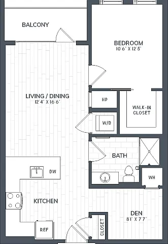 Floor plan AA2D | 1 Bed | 1 Bath | DEN