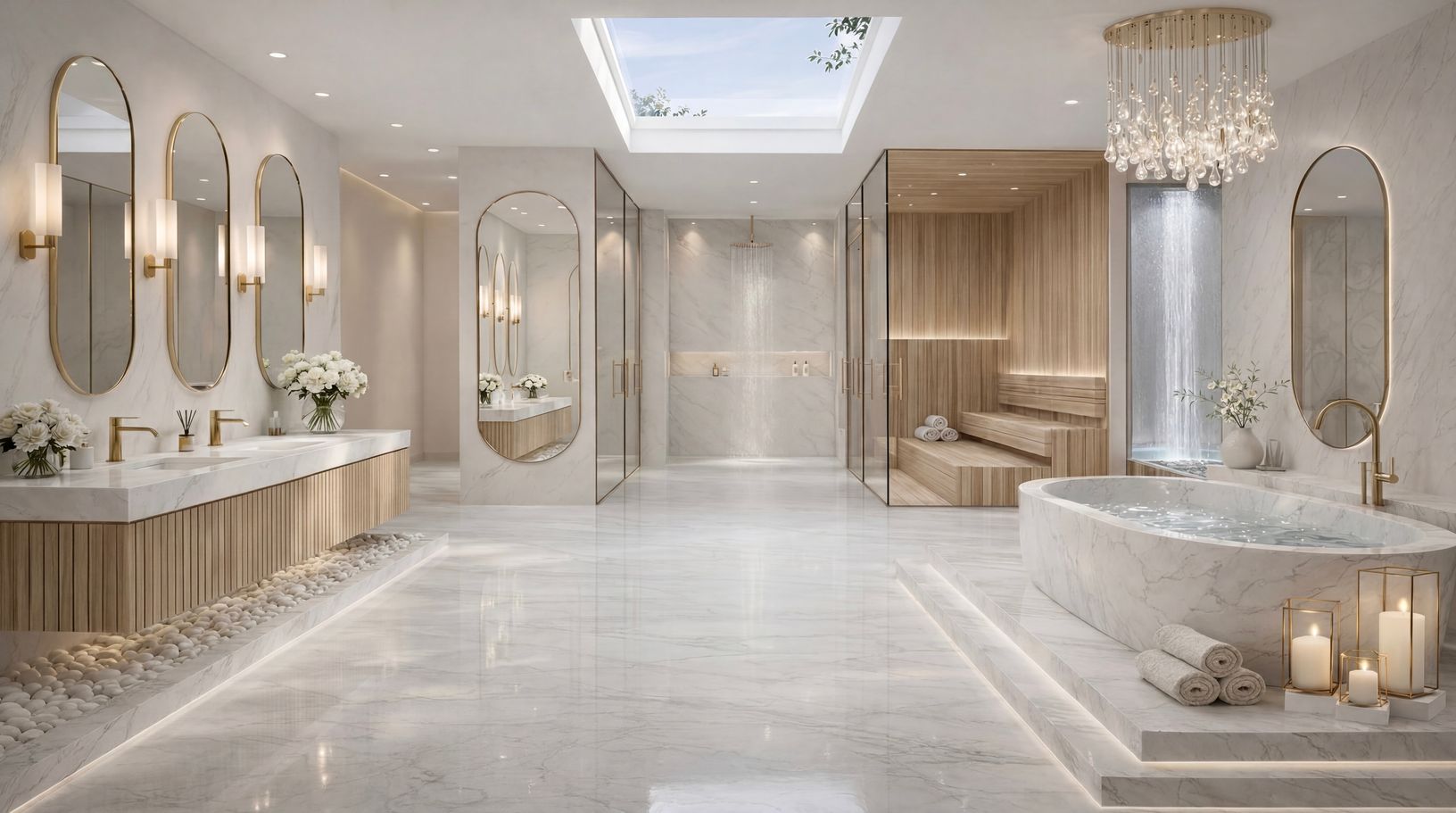 Spa-inspired first-floor bathroom featuring a steam and rainfall shower, custom-built sauna. 