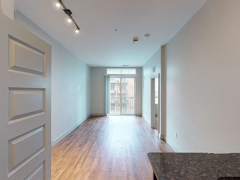 Apartment living room with wood-style flooring and patio or balcony.