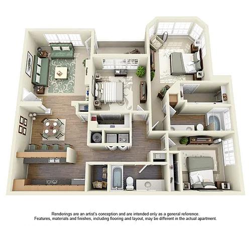 Floor plan Three Bedroom Two Bath C1