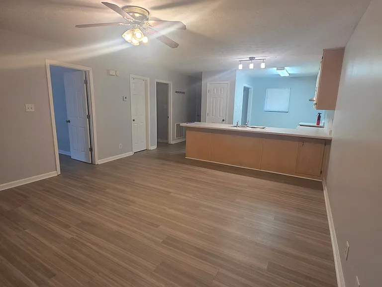 Living room looking to bar and kitchen