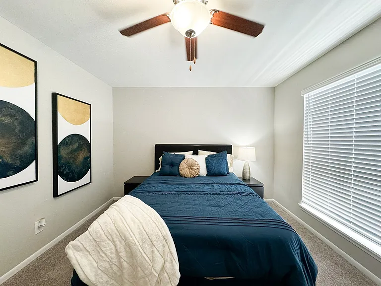 Clean-lined bedroom with minimalist furnishings