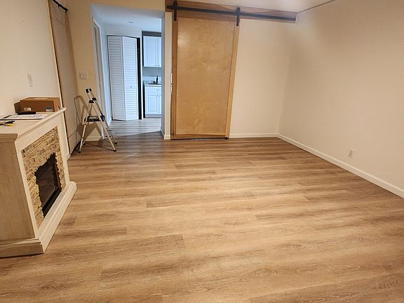 Stepping inside Studio, barndoor concealing kitchenette can be open or closed. Electric fireplace adds ambiance and heat and can be relocated.