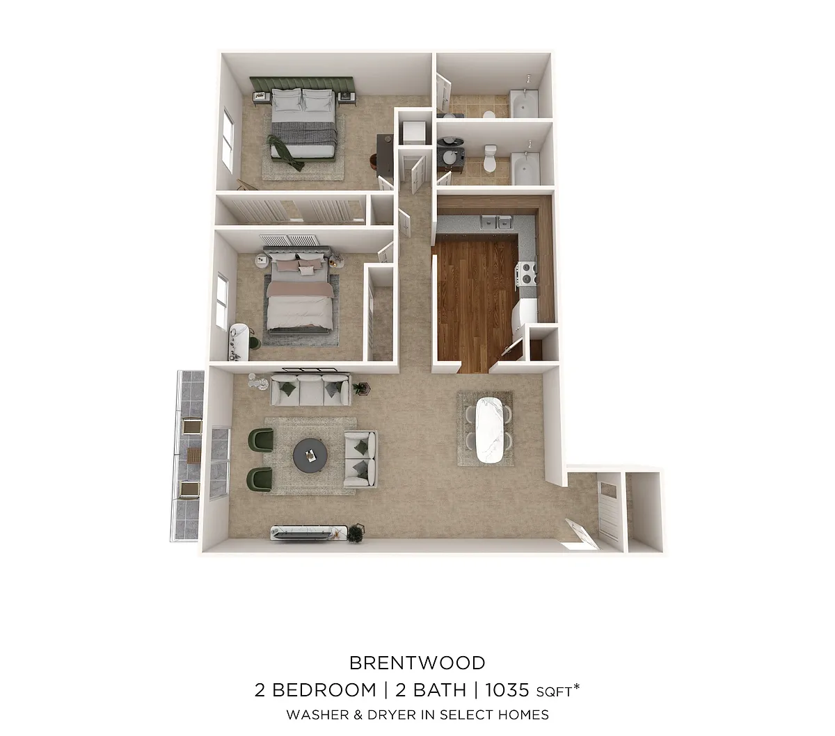 Floor plan Two Bedroom 2 Bath - 1,035 sqft