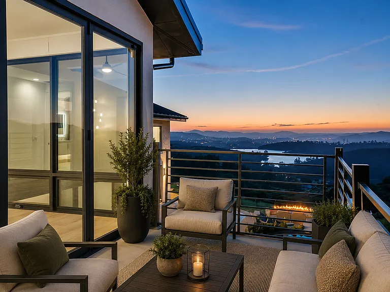 The oversized balcony off the Primary Bedroom suite is large enough for lounging or just getting away for a while and also has a direct spiral staircase (not shown in this image) for easy access to the outdoor jetted vanishing edge spa.
