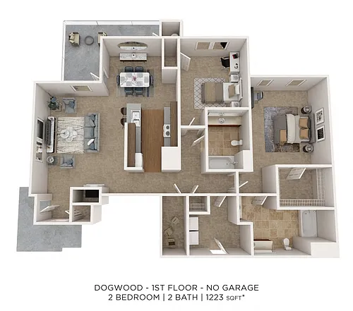 Floor plan Two Bedroom 2 Bath - 1,223 sqft
