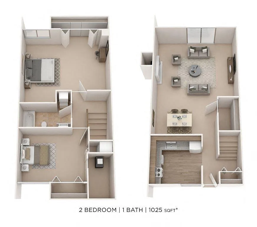 Floor plan Two Bedroom Townhome- 1025 sqft
