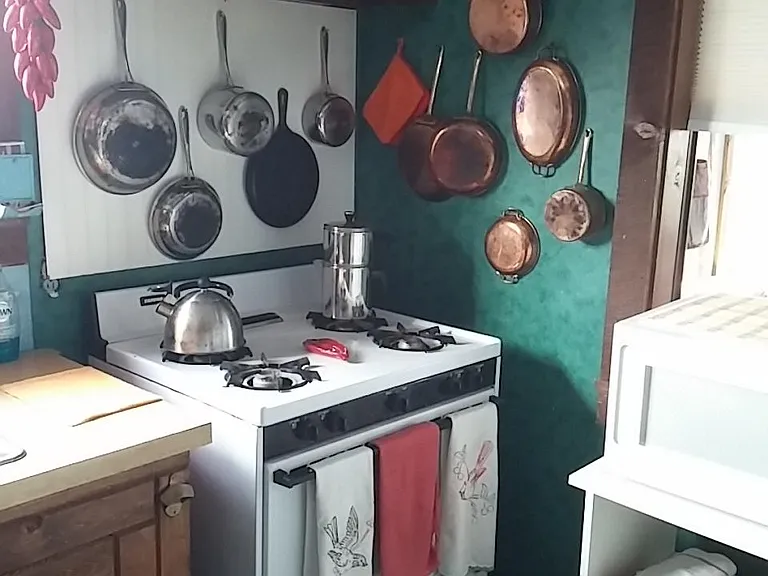 Our kitchen appliances have been upgraded since this photo, but it's all here and handy - Keurig, micro, with spices and basics to start cooking now.