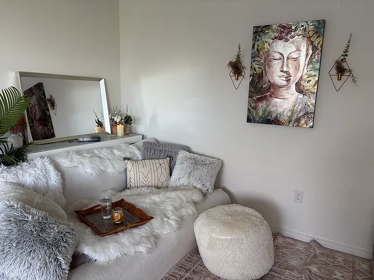 Living room - Open Concept - Cozy Couch, Tasteful Coastal Boho Decor