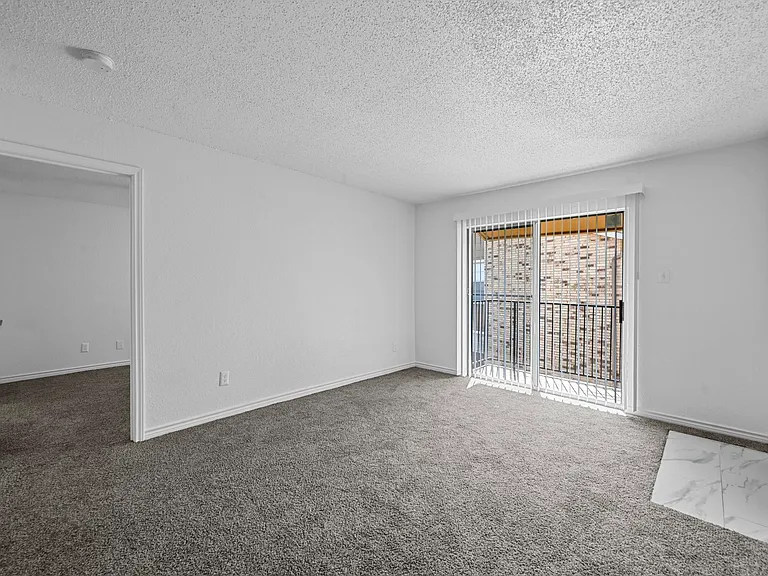 Spacious open floor plan with sliding door and fire place