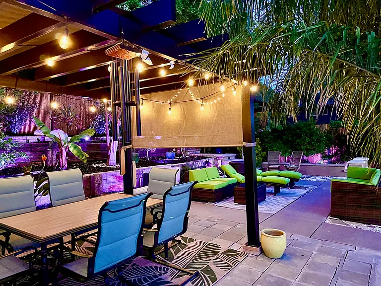 Private patio with 4 tiers and colored lights, new patio furniture, BBQ, fire pit