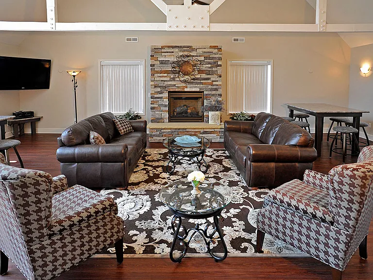 The clubhouse fireplace at Charter Oak Apartments, Davison, Michigan