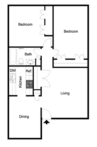 Floor plan 2 Bedroom 1 Bath-B1D