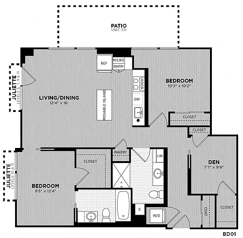 Floor plan 2 Bed - 2 Bath Den | Cora BD01