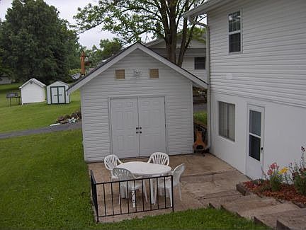 View of patio and shed.