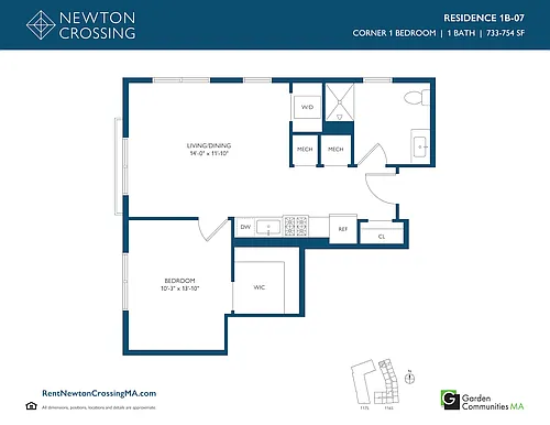 Floor plan Corner One Bedroom Apartment 1B-07