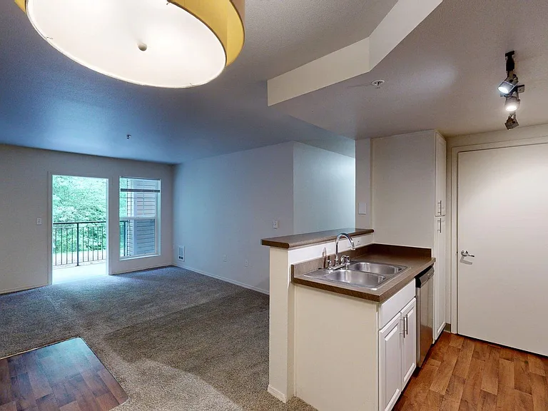 Apartment Kitchen with Stainless Steel Appliances, Dining and Living Room with Wood-Style Flooring and Patio/Balcony.