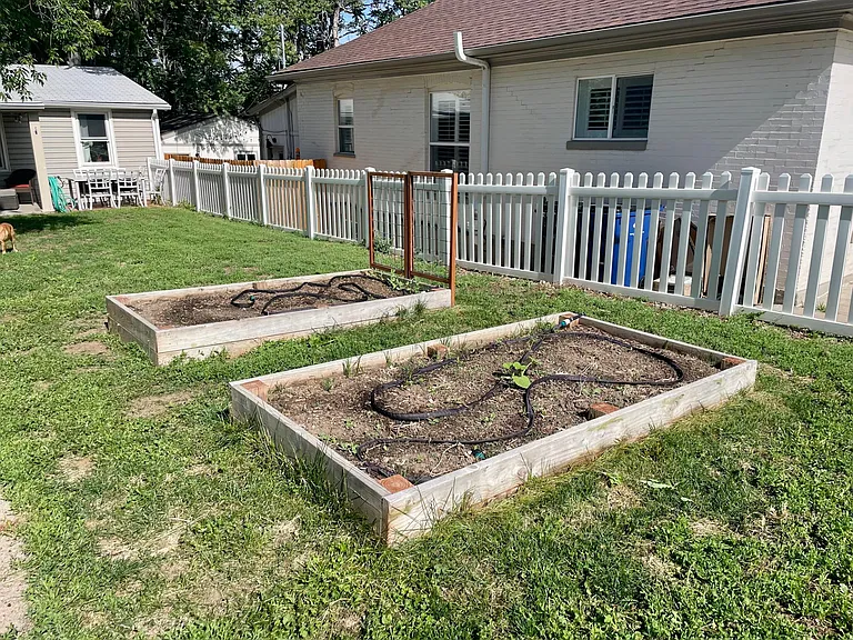 Raised garden beds with drip irrigation system