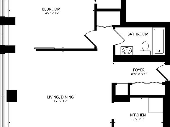 Floor plan with dimensions - large living area and bedroom