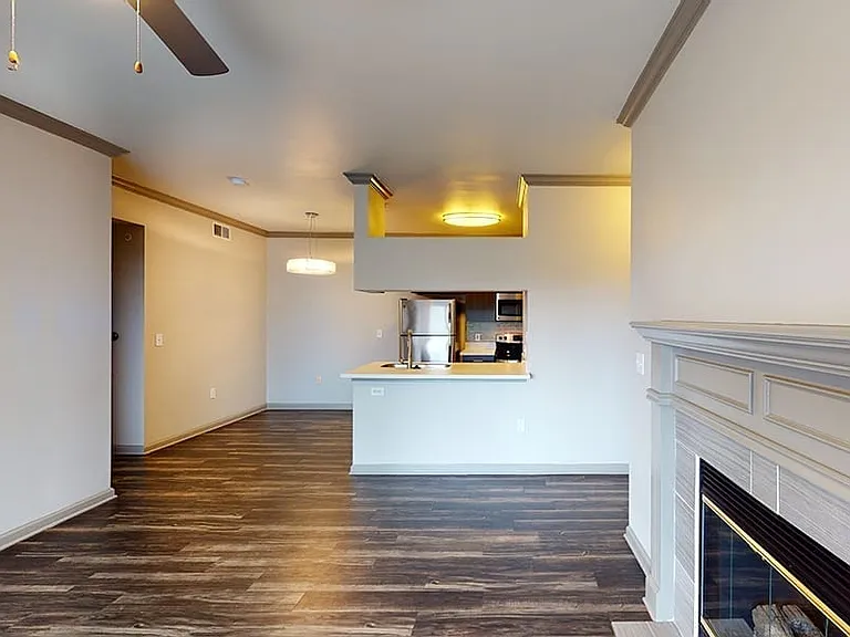 Apartment living area looking into kitchen with dark hardwood floors and fireplace.