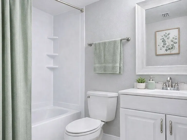 2 Identical bathrooms
1 Bedroom has an en suite bathroom
1 Bedroom has bathroom directly across bedroom. 
Tenant responsible for linens