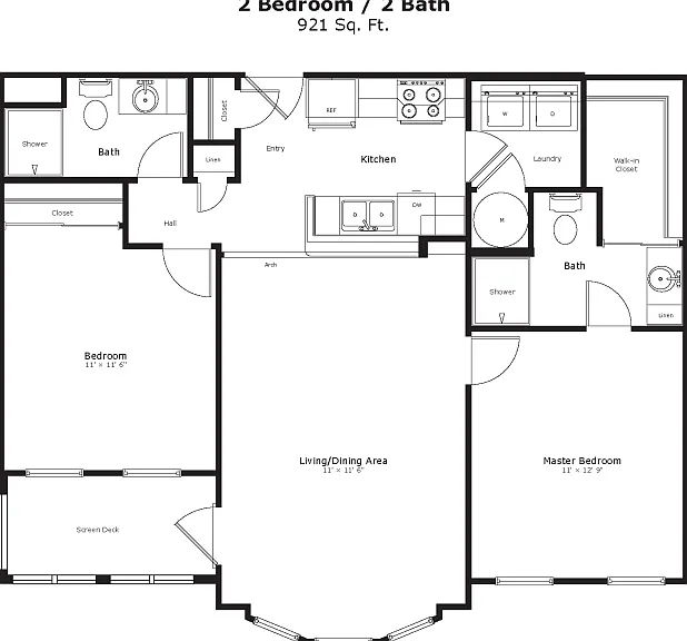 The Fantasia: 921 sq. ft. with 2 beds, 2 baths, a split layout for privacy, a screened patio, and bright living space with a balcony window. The Fantasia: 921 sq. ft. with 2 beds, 2 baths, a split layout for privacy, a screened patio, and bright living sp