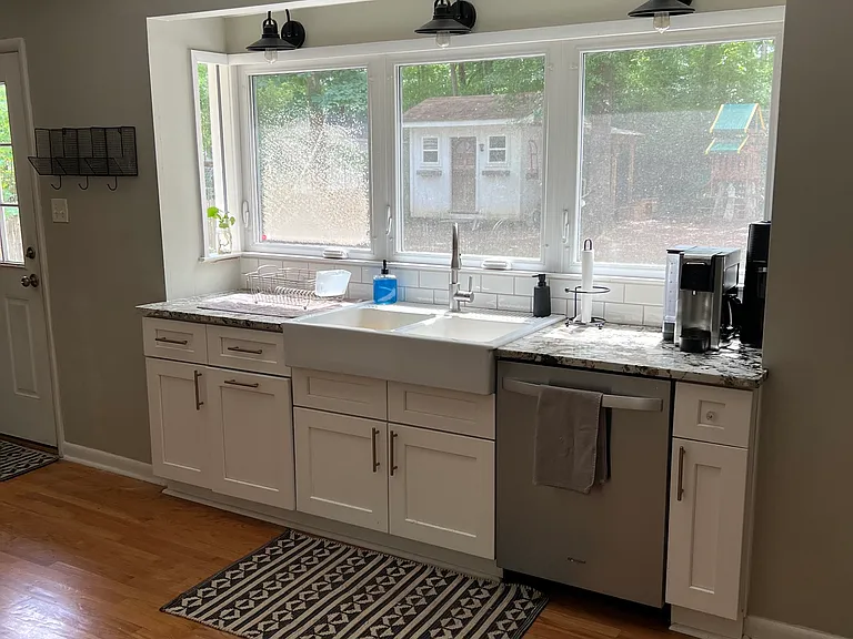 Kitchen with view into backyard