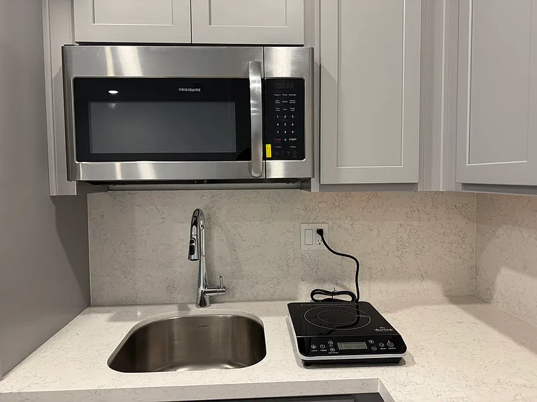 Vented microwave, single burner induction cooktop, sink and faucet.