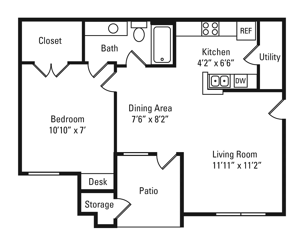 Floor plan 1 Bed, 1 Bath D- Renovated