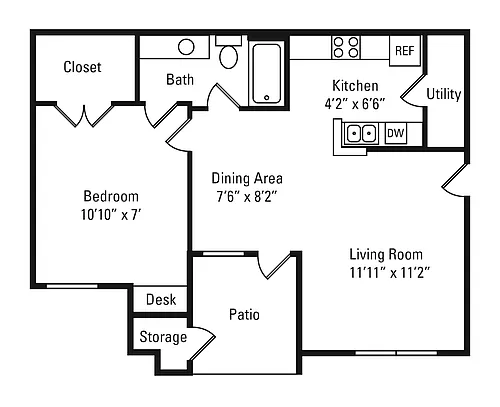 Floor plan Phase Two- 1 Bed, 1 Bath D- Renovated