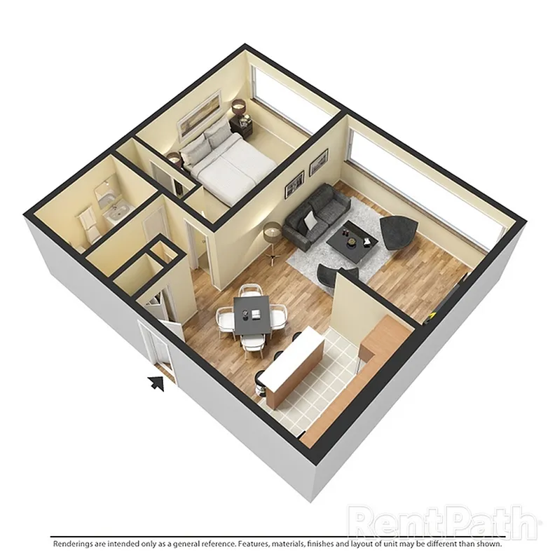 Floor plan 101 - 1 Bedroom 1 Bath