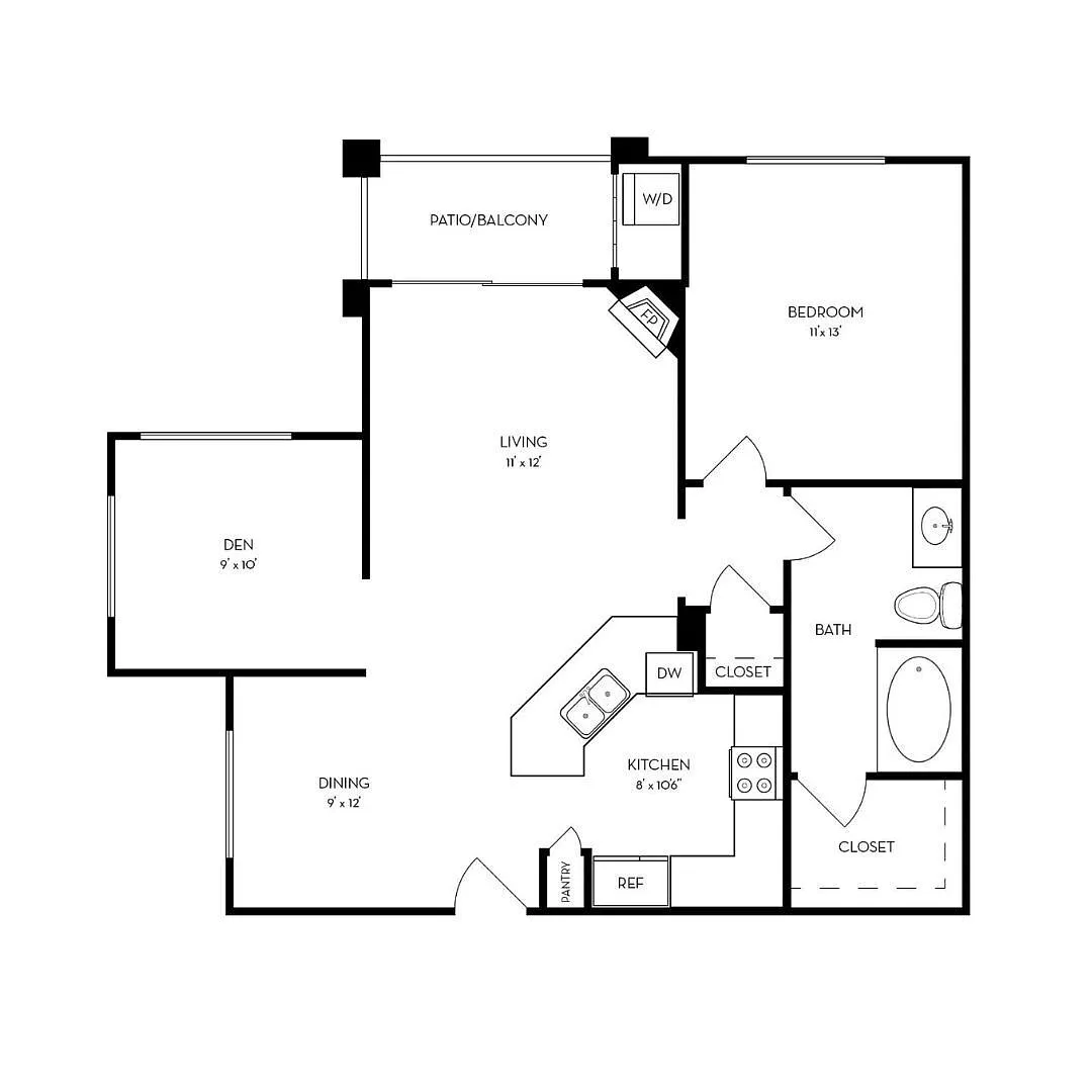 Floor plan 1 Bed, 1 Bath with Den B (Topaz Plan - Renovated)
