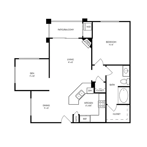 Floor plan 1 Bed, 1 Bath with Den B (Topaz Plan - Renovated)